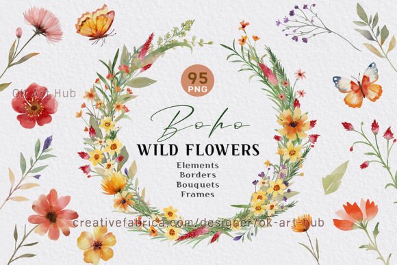 Boho Watercolor Wildflowers Illustrations for Crafting