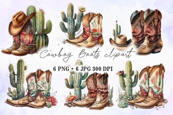 Cowboy Boots Cactus Watercolor Illustrations for Branding
