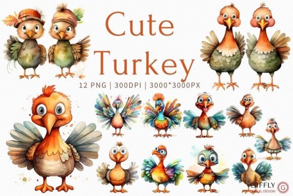 Cute Turkey Watercolor Clipart: Illustrations for Branding