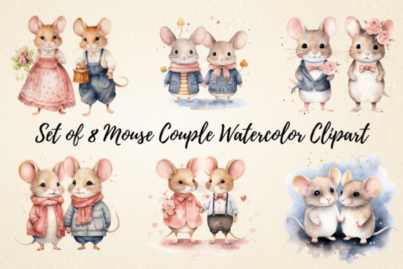 Mouse Couple Watercolor Clipart: Editorial Illustrations