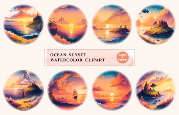 Ocean Sunset Illustrations: Watercolor Clipart Review