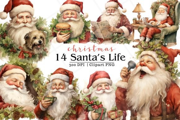 Santa Claus Life Watercolor Clipart Illustrations