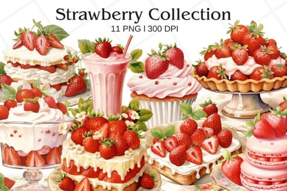Summer Strawberry Watercolor Clipart for Embroidery