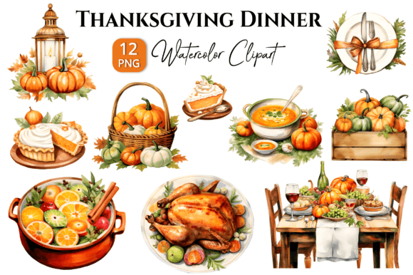 Thanksgiving Dinner Watercolor Clipart Illustrations
