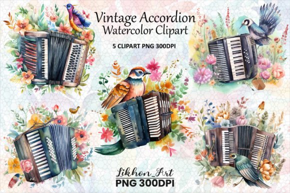 Vintage Accordion Watercolor Clipart Illustrations