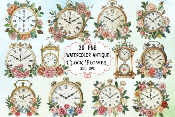 Watercolor Antique Clock Flower Illustrations