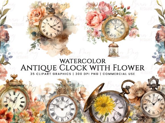 Watercolor Antique Clock with Flower Illustrations