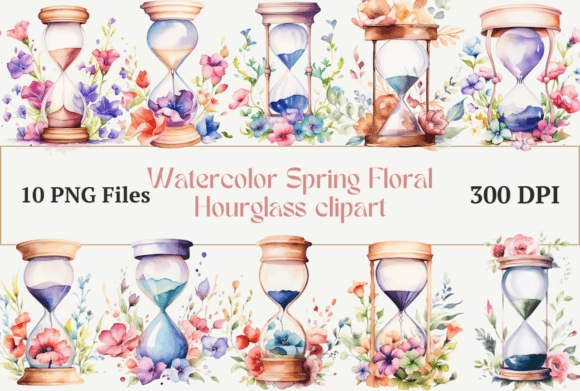 Watercolor Cute Floral Hourglass Clipart Illustrations