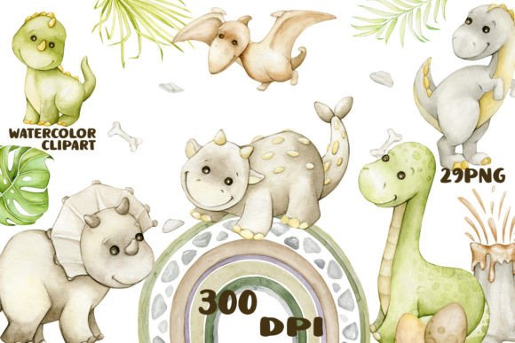 Watercolor Dinosaurs Boho Clipart for Embroidery