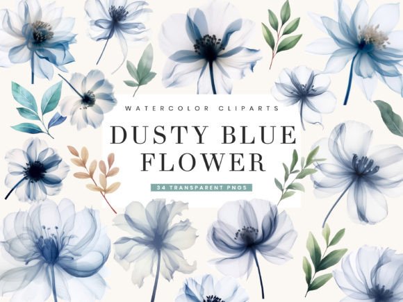 Watercolor Dusty Blue Flower Clipart Illustrations