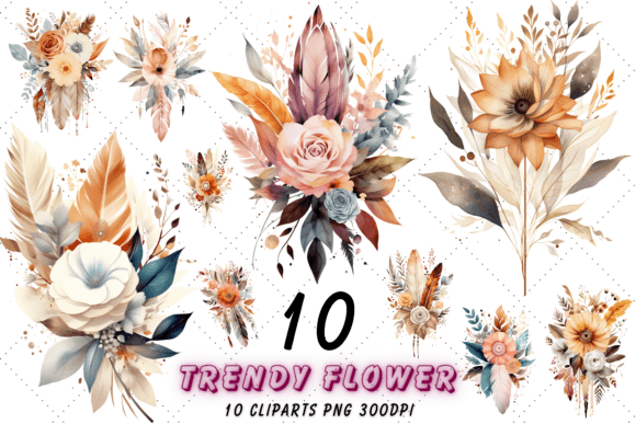 Watercolor Flower Feather Bouquet Art Illustrations