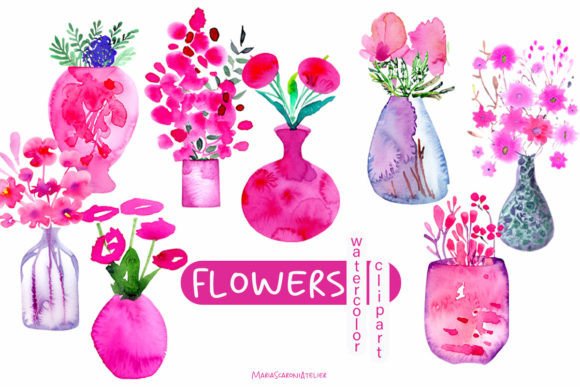 Watercolor Flower Pot Clipart Illustrations for Branding