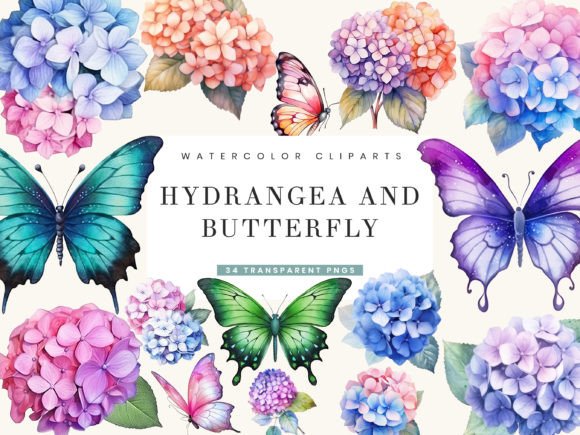 Watercolor Hydrangea Butterfly Clipart Illustrations
