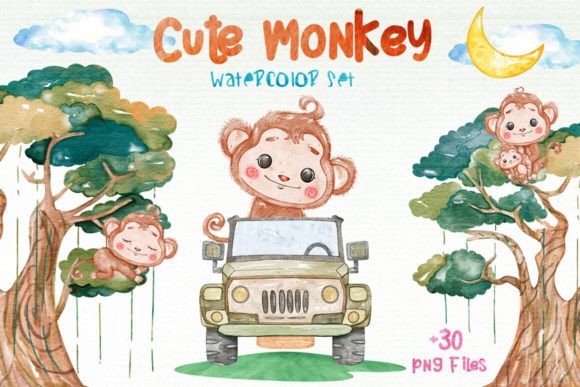 Watercolor Monkey Cliparts Set: Illustrations for Branding