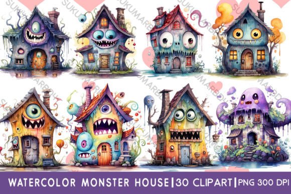 Watercolor Monster House Clipart: Illustrations for Branding
