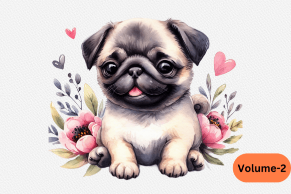 Watercolor Pug Dog Set Illustrations for Editorial Use