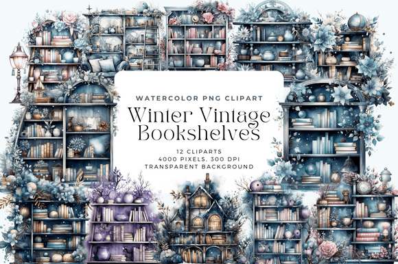 Watercolor Winter Vintage Bookshelves Illustrations