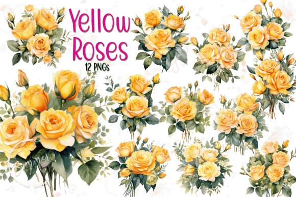 Watercolor Yellow Roses Clipart Flowers Illustrations