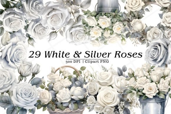 White and Silver Rose Watercolor Clipart Illustrations